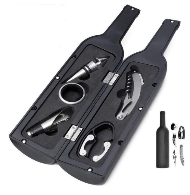 Wine Accessories Gift Set - Wine Bottle Corkscrew Opener Kit, Drip Ring, Foil Cutter and Wine Pourer and Stopper in Novelty Bottle-Shaped Case